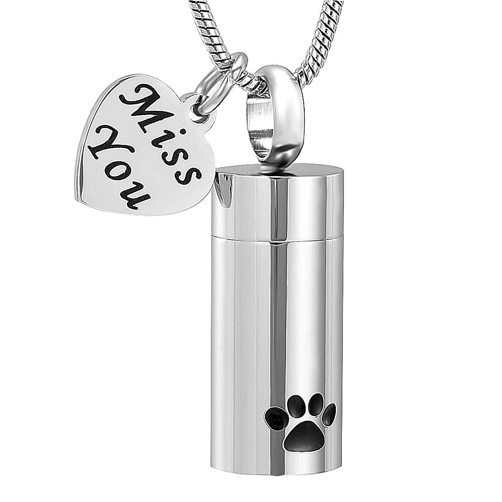 Cremation Necklace - "Miss You" Silver Cylinder Cremation Urn Necklace