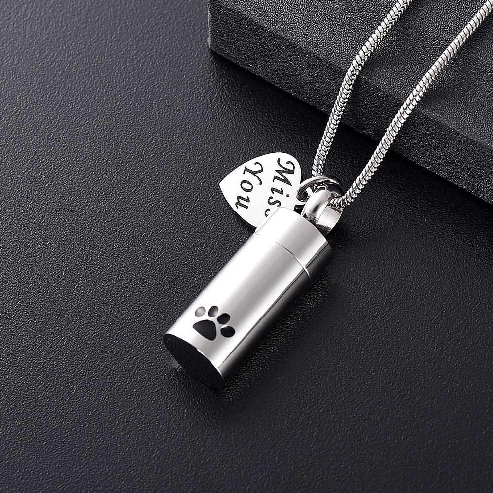 Cremation Necklace - "Miss You" Silver Cylinder Cremation Urn Necklace