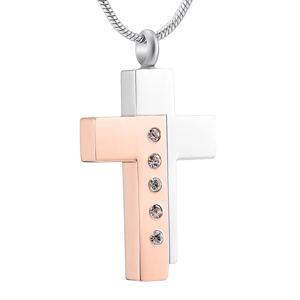 Cremation Necklace - Modern Style Two Tone Cross Cremation Urn Necklace With Gem Rhinestones