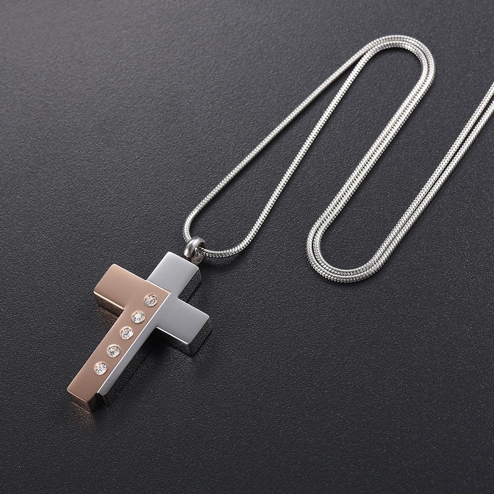 Cremation Necklace - Modern Style Two Tone Cross Cremation Urn Necklace With Gem Rhinestones