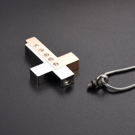 Cremation Necklace - Modern Style Two Tone Cross Cremation Urn Necklace With Gem Rhinestones