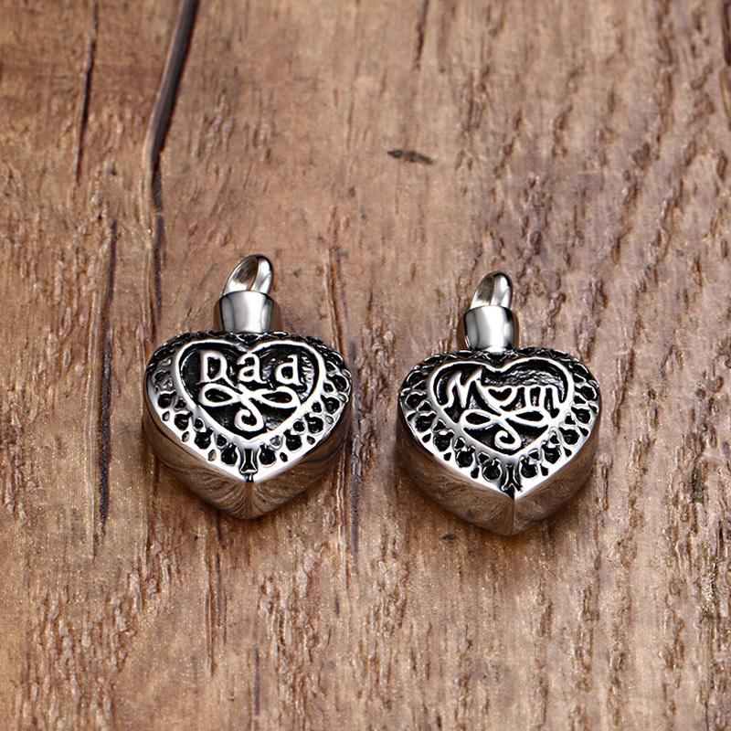 Mom/Dad Heart Shaped Cremation Necklace Silver with Black Dad