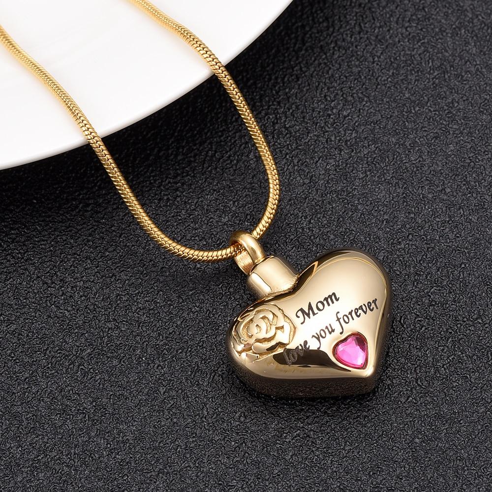 Cremation Necklace - "Mom, Love You Forever" Heart Shaped Cremation Urn Necklace With Rhinestone