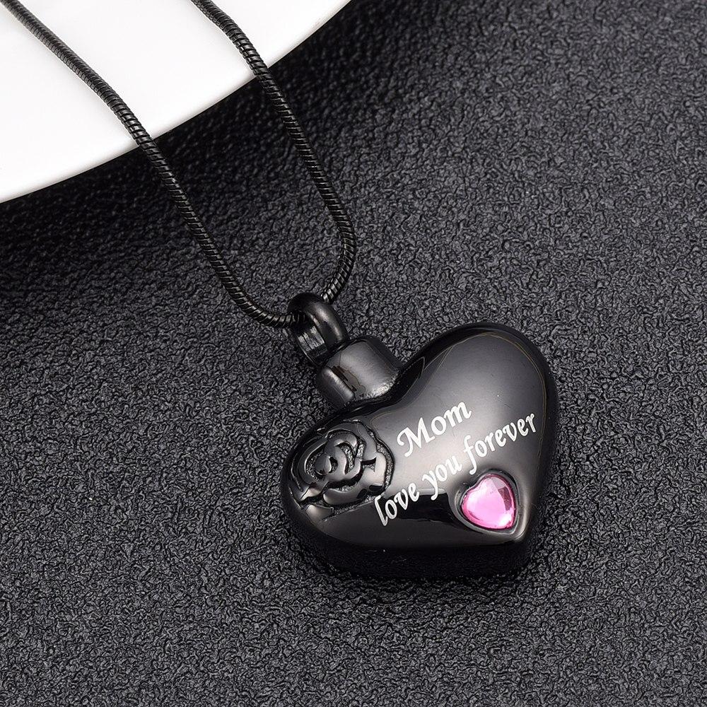 Cremation Necklace - "Mom, Love You Forever" Heart Shaped Cremation Urn Necklace With Rhinestone