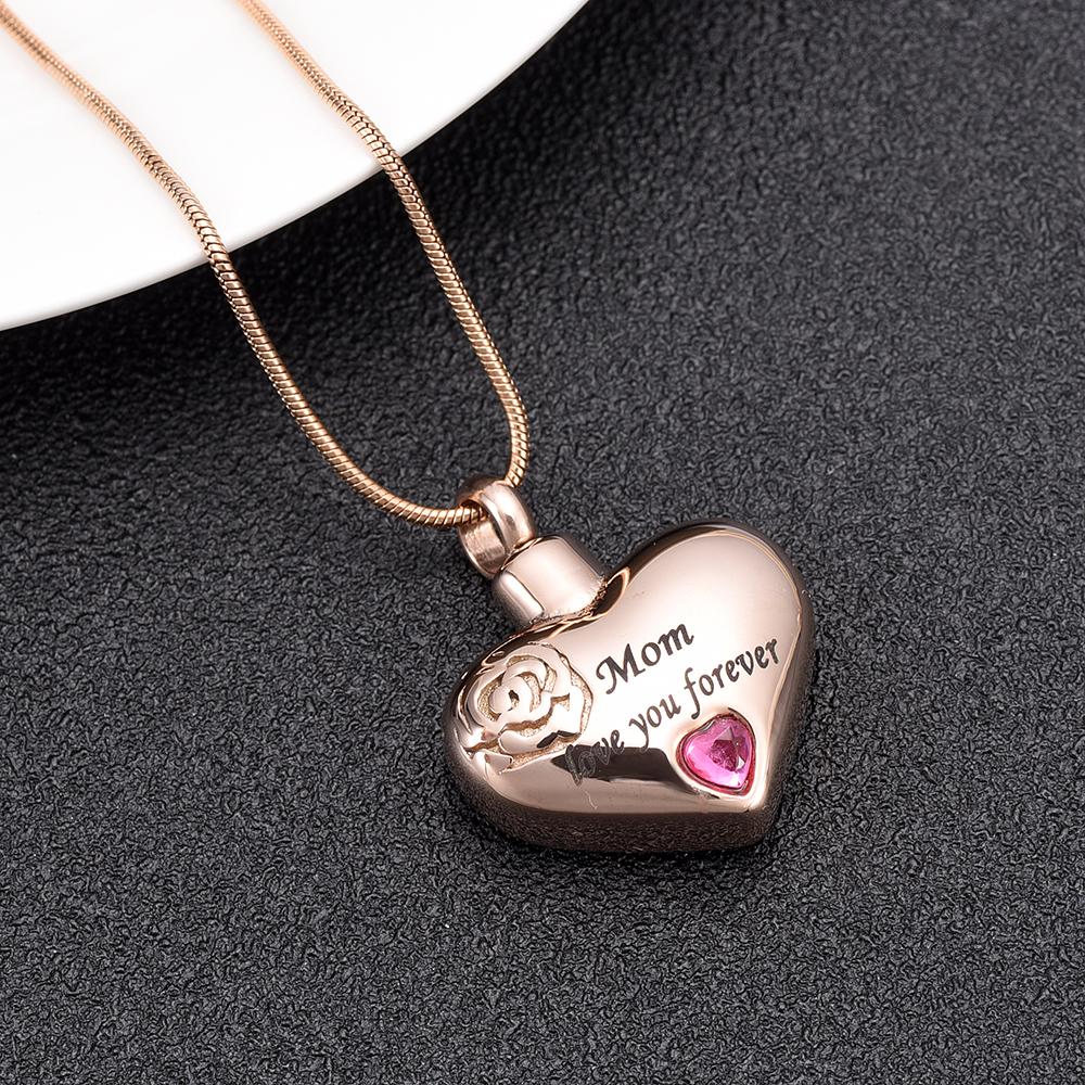 Cremation Necklace - "Mom, Love You Forever" Heart Shaped Cremation Urn Necklace With Rhinestone