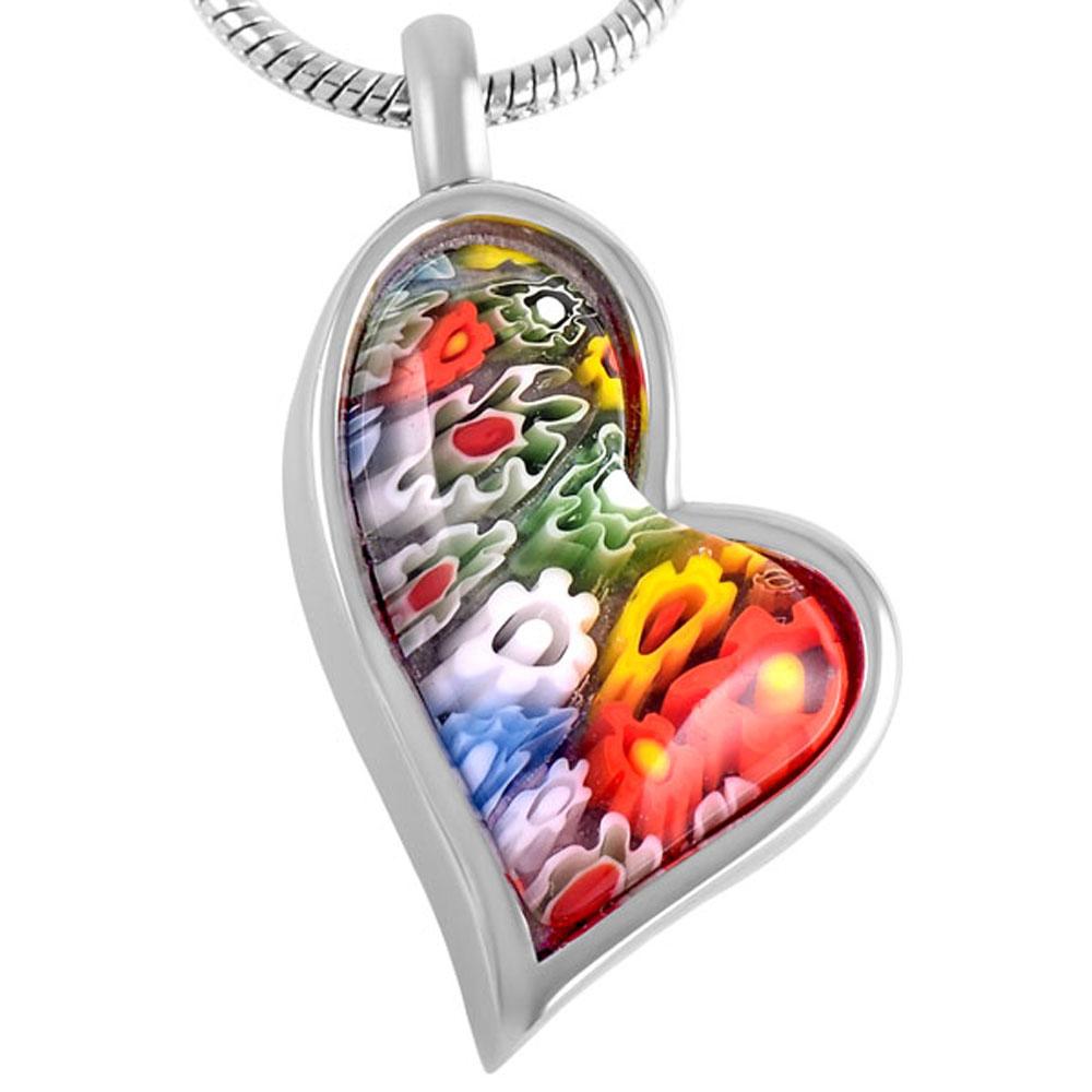 Cremation Necklace - Multi-Color Murano Glass Heart Shaped Floral Cremation Urn Necklace