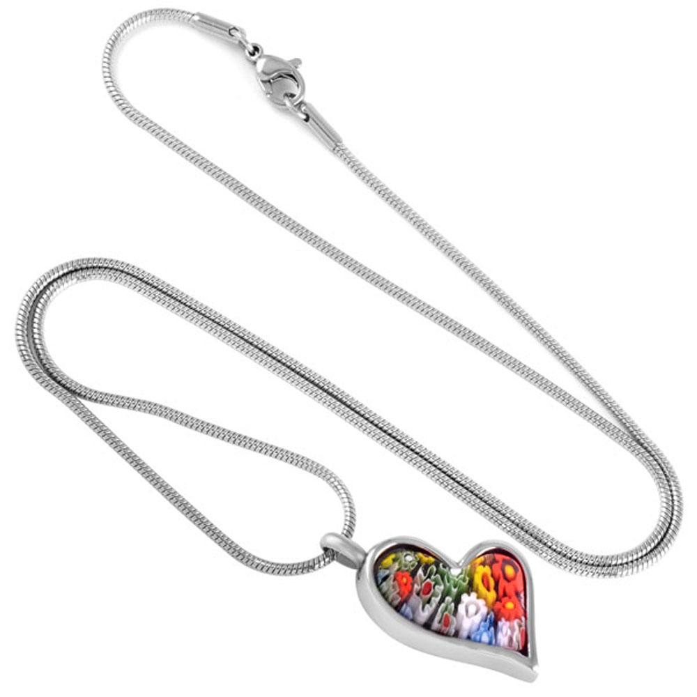 Cremation Necklace - Multi-Color Murano Glass Heart Shaped Floral Cremation Urn Necklace