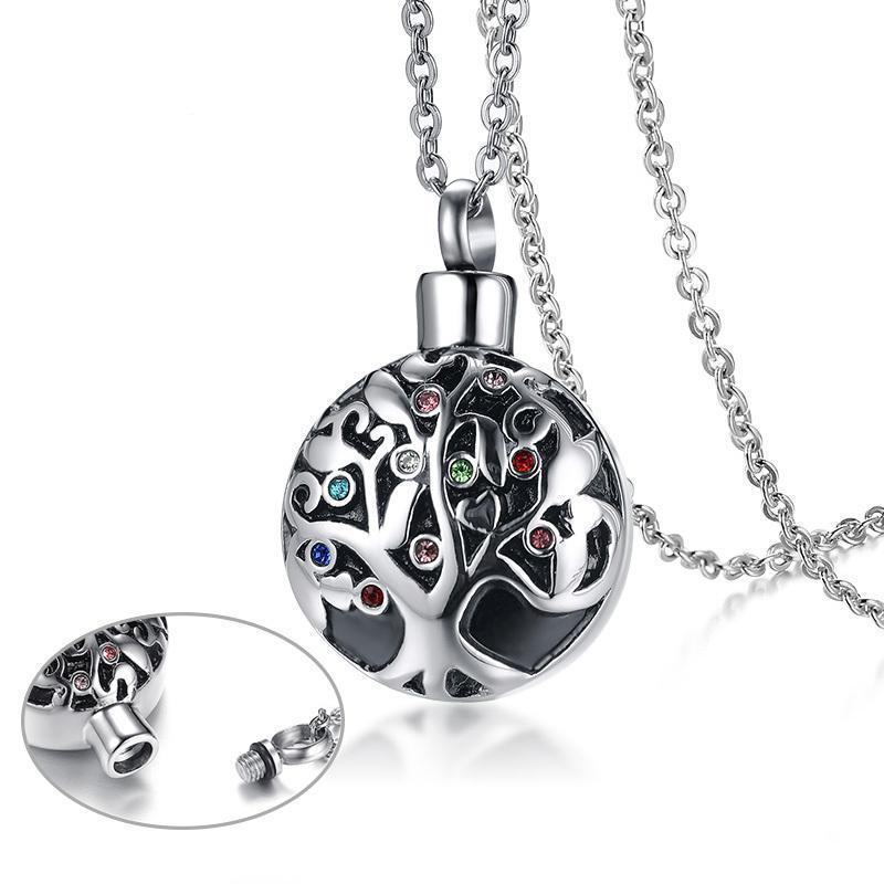 Cremation Necklace - Multi-color Rhinestone Cylinder Tree Of Life Cremation Urn Necklace