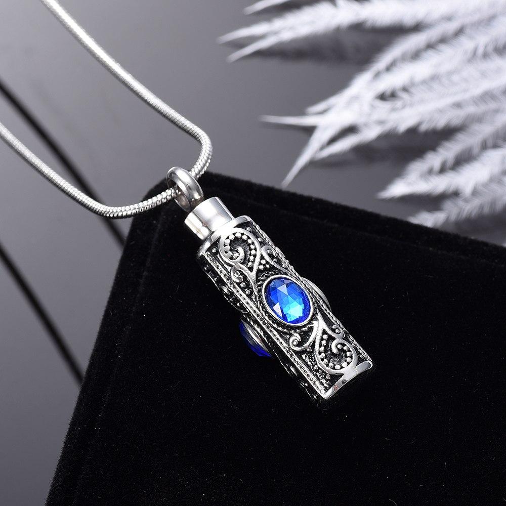 Cremation Necklace - Ornate Cremation Urn Necklace Cylinder With Gemstones