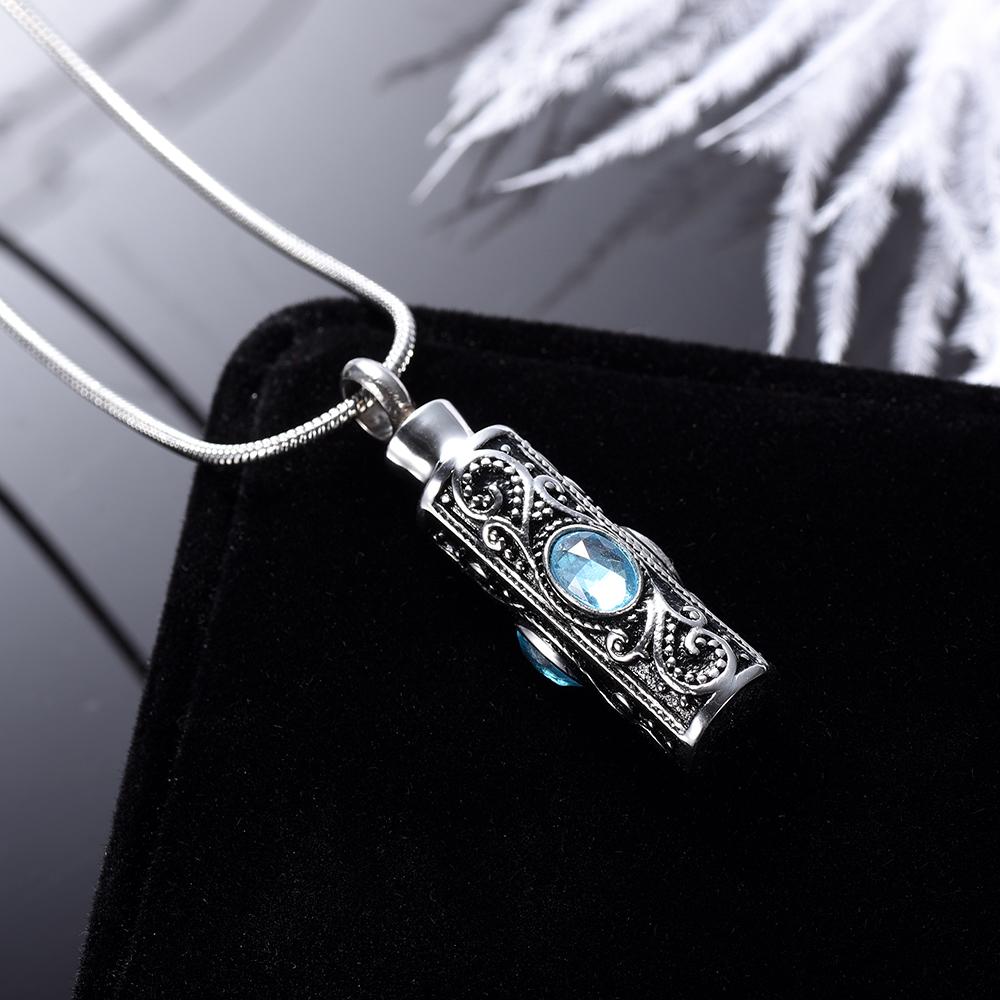 Cremation Necklace - Ornate Cremation Urn Necklace Cylinder With Gemstones