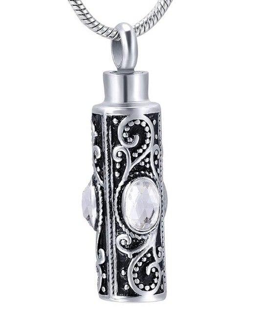 Cremation Necklace - Ornate Cremation Urn Necklace Cylinder With Gemstones