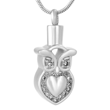 Owl Heart Cremation Urn Necklace With Rhinestones