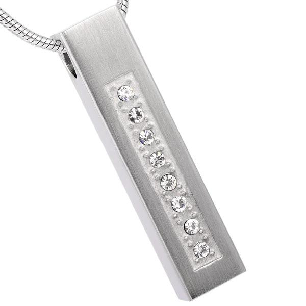 Cremation Necklace - Polished Silver Column With Rhinestones Cremation Urn Necklace