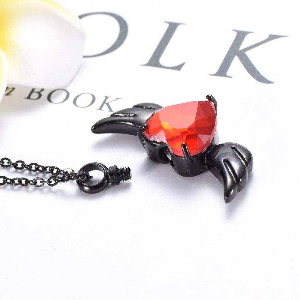 Cremation Necklace - Red Crystal Heart & Angel Wing Cremation Urn Necklace