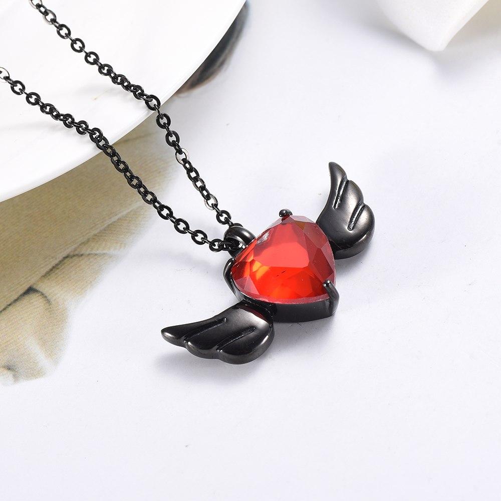 Cremation Necklace - Red Crystal Heart & Angel Wing Cremation Urn Necklace