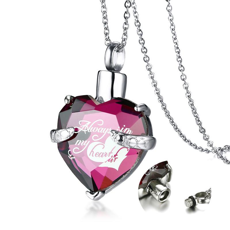 Cremation Necklace - Red Crystal Heart Urn Necklace Etched Always In My Heart