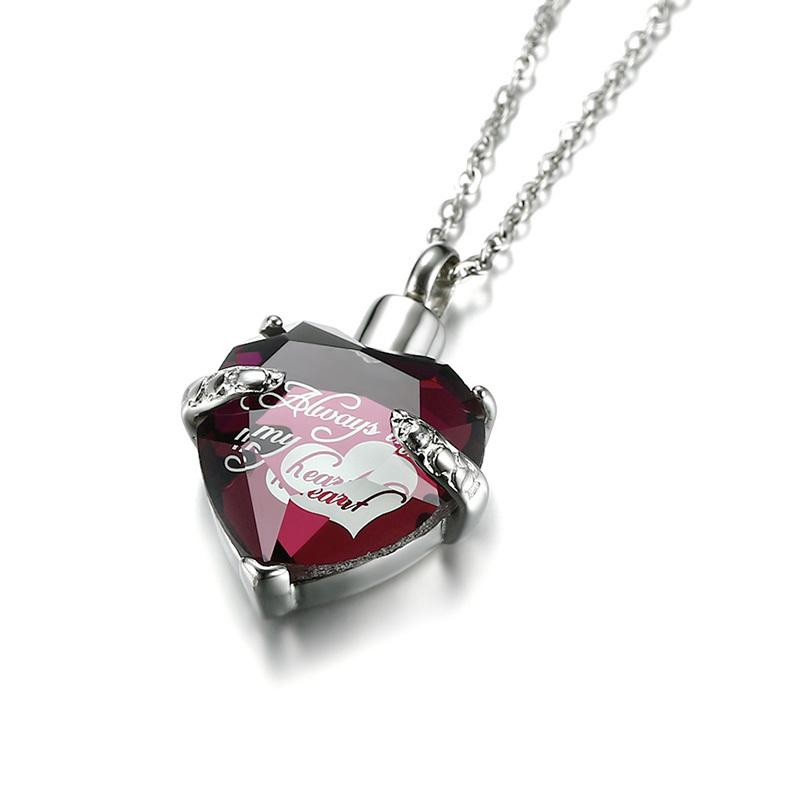 Cremation Necklace - Red Crystal Heart Urn Necklace Etched Always In My Heart