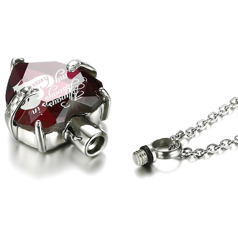 Cremation Necklace - Red Crystal Heart Urn Necklace Etched Always In My Heart