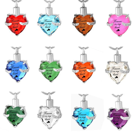 Cremation Necklace - Rhinestone Heart Shaped "Forever In My Heart" Engraving Urn Necklace
