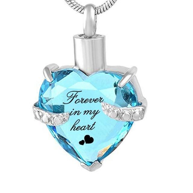 Cremation Necklace - Rhinestone Heart Shaped "Forever In My Heart" Engraving Urn Necklace