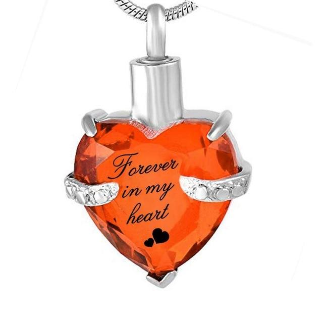 Cremation Necklace - Rhinestone Heart Shaped "Forever In My Heart" Engraving Urn Necklace