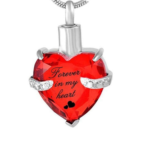 Cremation Necklace - Rhinestone Heart Shaped "Forever In My Heart" Engraving Urn Necklace