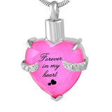 Cremation Necklace - Rhinestone Heart Shaped "Forever In My Heart" Engraving Urn Necklace