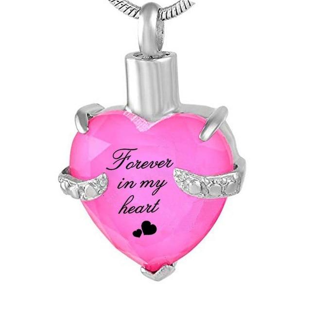 Cremation Necklace - Rhinestone Heart Shaped "Forever In My Heart" Engraving Urn Necklace