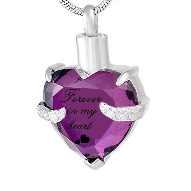 Cremation Necklace - Rhinestone Heart Shaped "Forever In My Heart" Engraving Urn Necklace