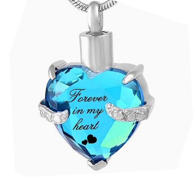 Cremation Necklace - Rhinestone Heart Shaped "Forever In My Heart" Engraving Urn Necklace