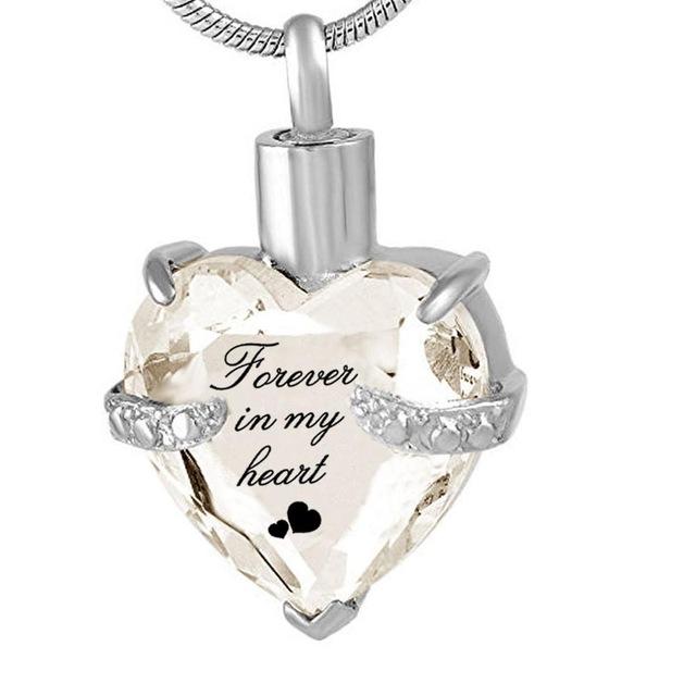 Cremation Necklace - Rhinestone Heart Shaped "Forever In My Heart" Engraving Urn Necklace