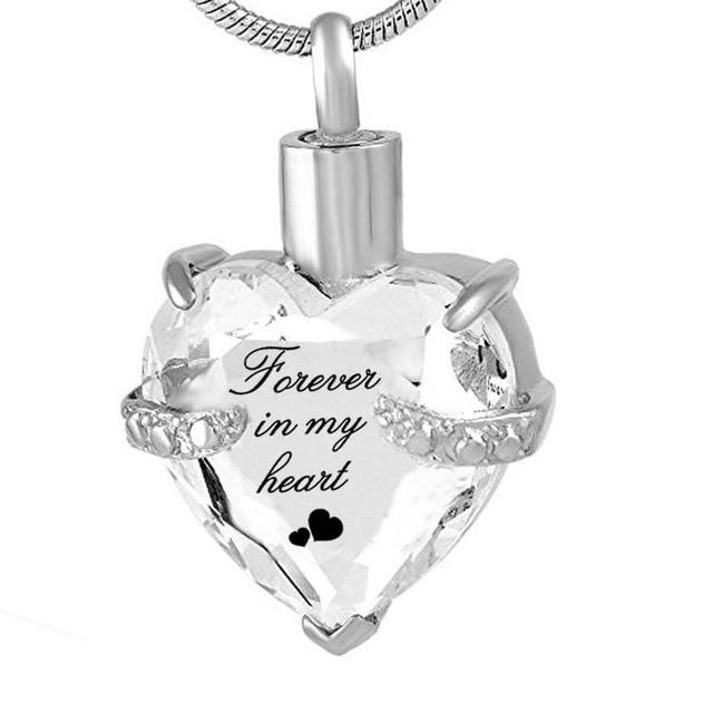 Cremation Necklace - Rhinestone Heart Shaped "Forever In My Heart" Engraving Urn Necklace