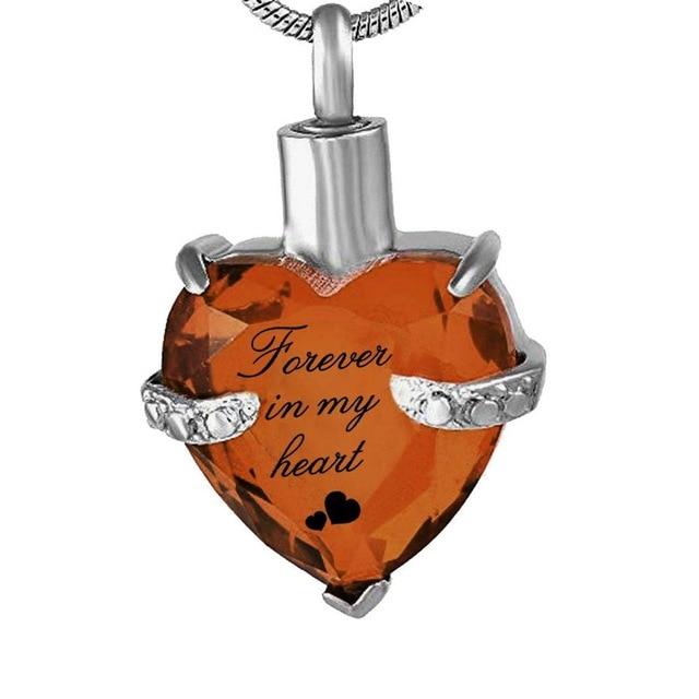 Cremation Necklace - Rhinestone Heart Shaped "Forever In My Heart" Engraving Urn Necklace