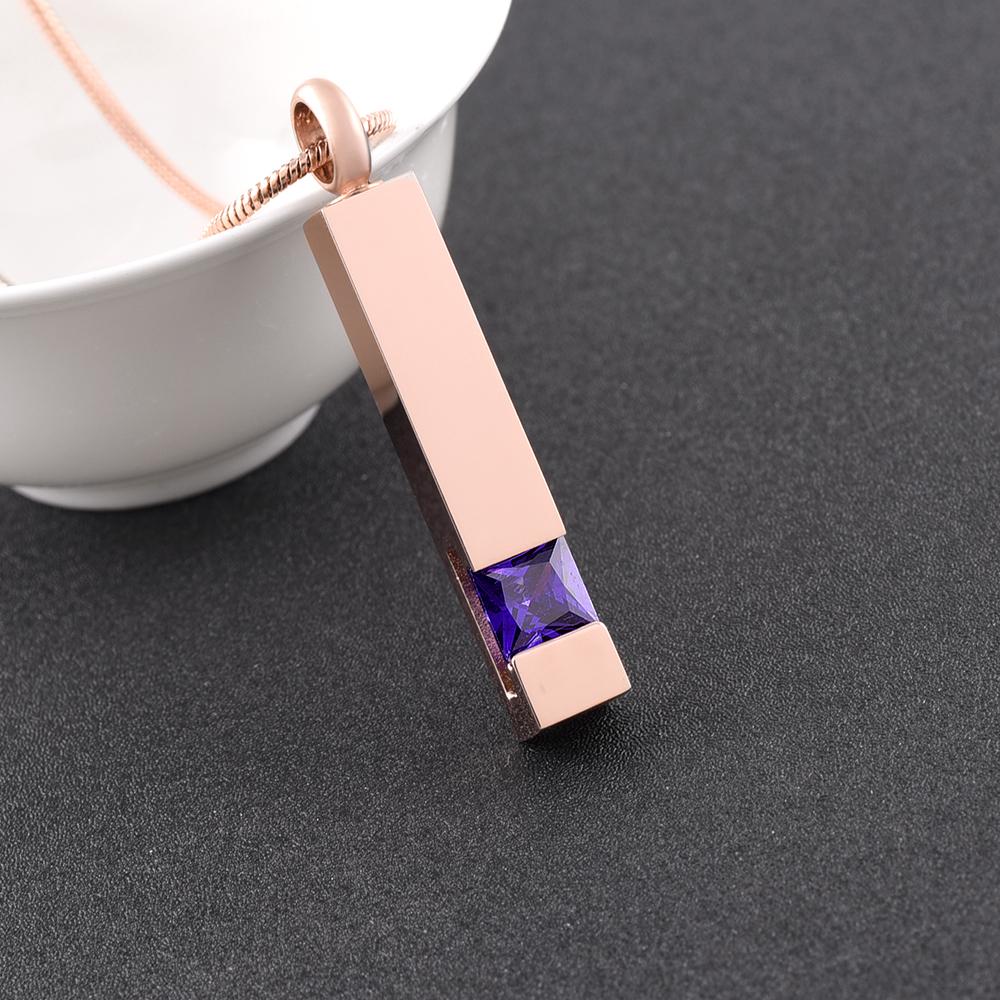 Cremation Necklace - Rose Gold Square Column Cremation Urn Necklace With Gemstone