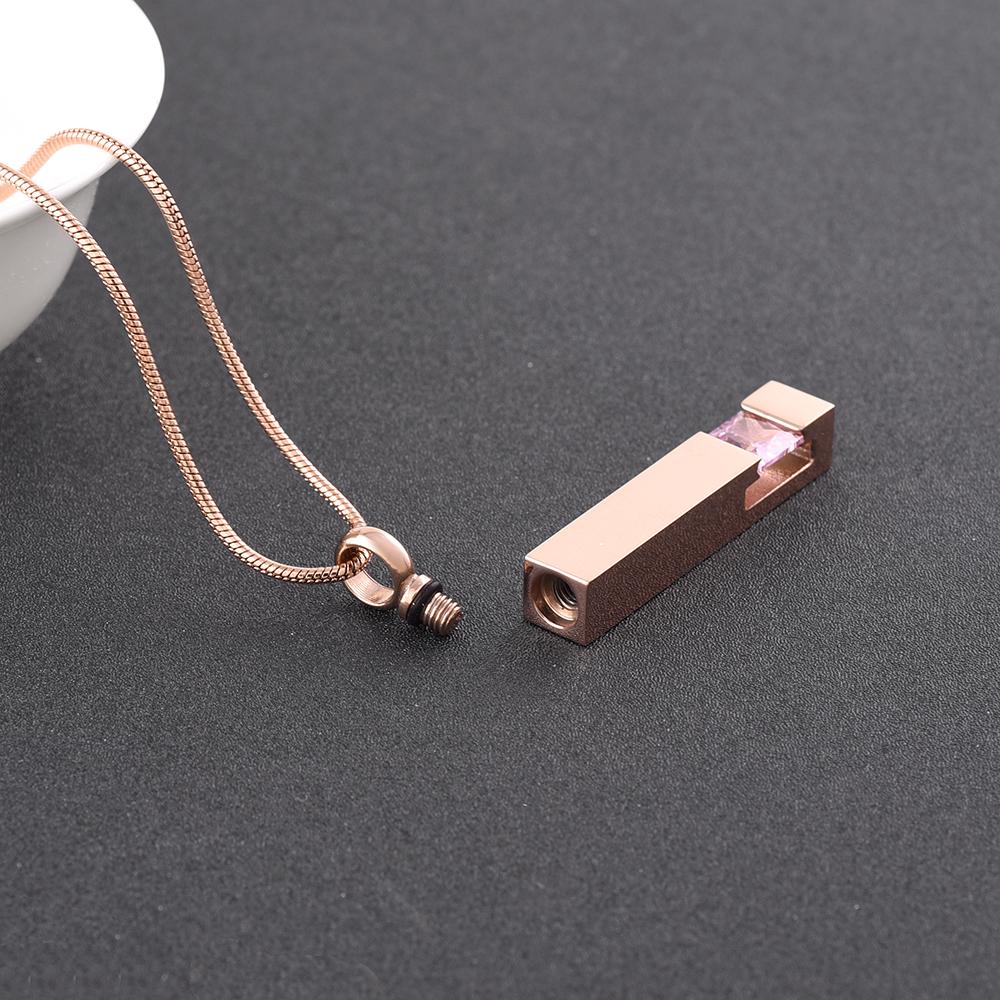 Cremation Necklace - Rose Gold Square Column Cremation Urn Necklace With Gemstone