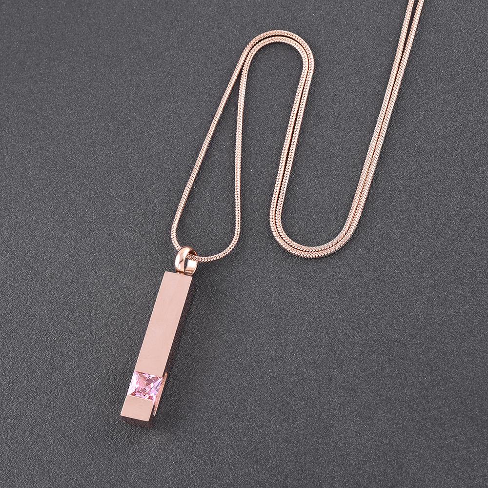 Cremation Necklace - Rose Gold Square Column Cremation Urn Necklace With Gemstone