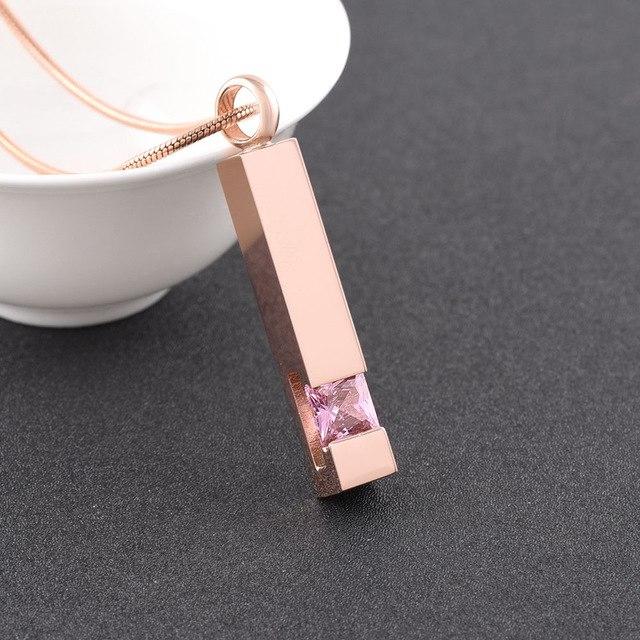 Cremation Necklace - Rose Gold Square Column Cremation Urn Necklace With Gemstone