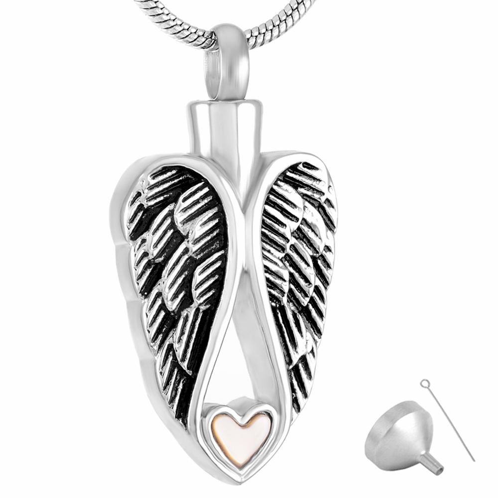 Cremation Necklace - Silver Angel Wings & Heart Cremation Urn Necklace