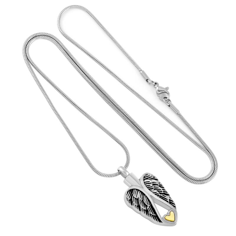 Cremation Necklace - Silver Angel Wings & Heart Cremation Urn Necklace