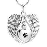 Cremation Necklace - Silver Angel Wings Heart Paw Print Cremation Urn Necklace