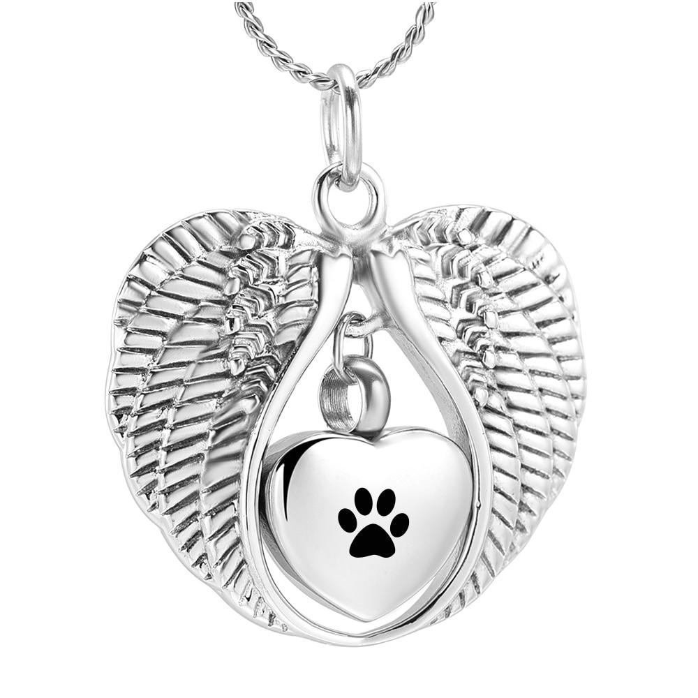 Cremation Necklace - Silver Angel Wings Heart Paw Print Cremation Urn Necklace