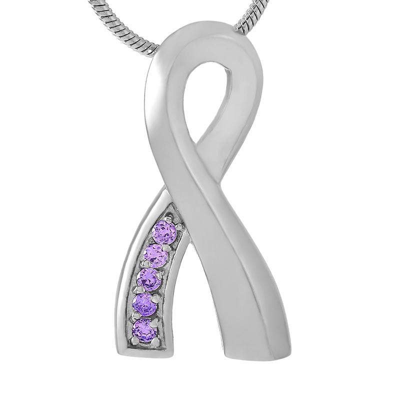 Cremation Necklace - Silver Cancer Ribbon Purple Rhinestone Cremation Urn Necklace