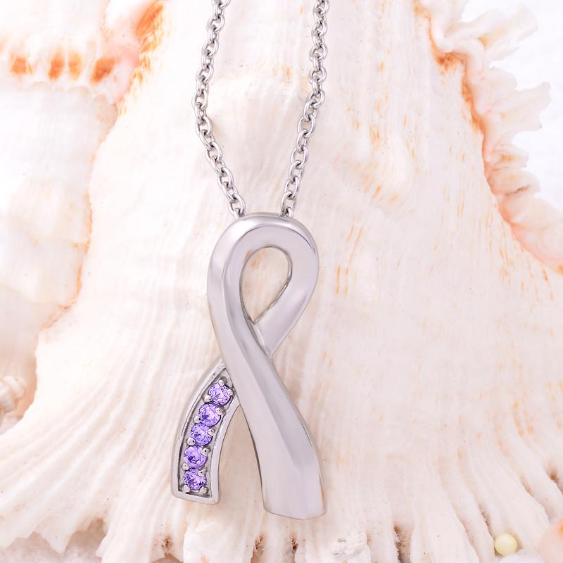 Cremation Necklace - Silver Cancer Ribbon Purple Rhinestone Cremation Urn Necklace