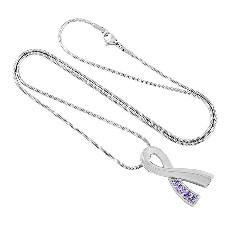 Cremation Necklace - Silver Cancer Ribbon Purple Rhinestone Cremation Urn Necklace