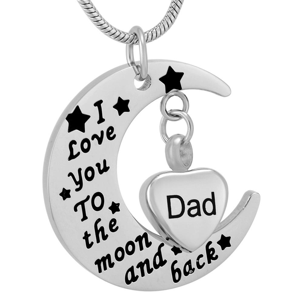 Cremation Necklace - Silver Crescent Moon Etched With 'I Love You To The Moon And Back' Cremation Urn Necklace & Dad Charm