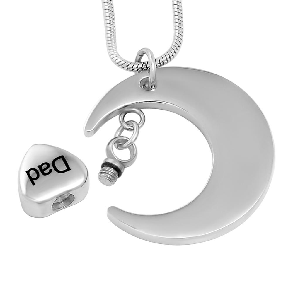 Cremation Necklace - Silver Crescent Moon Etched With 'I Love You To The Moon And Back' Cremation Urn Necklace & Dad Charm