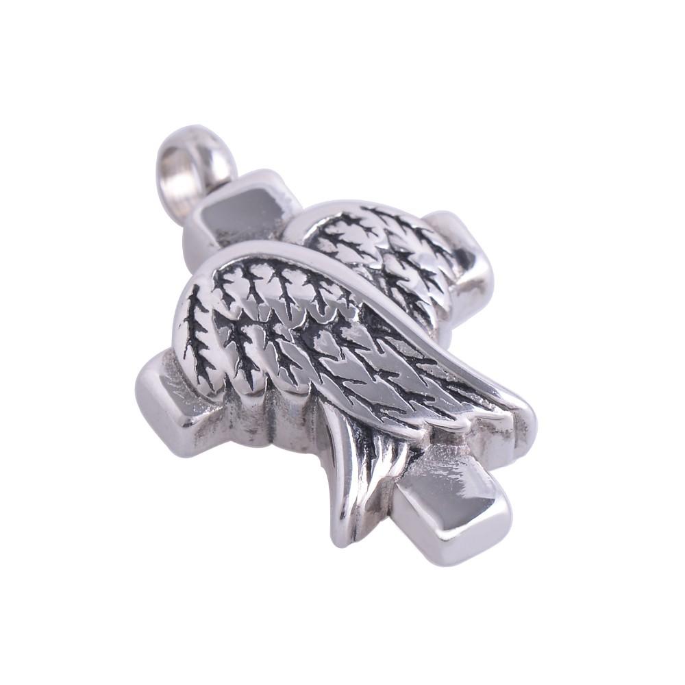 Cremation Necklace - Silver Cross And Angel Wings Cremation Urn Necklace