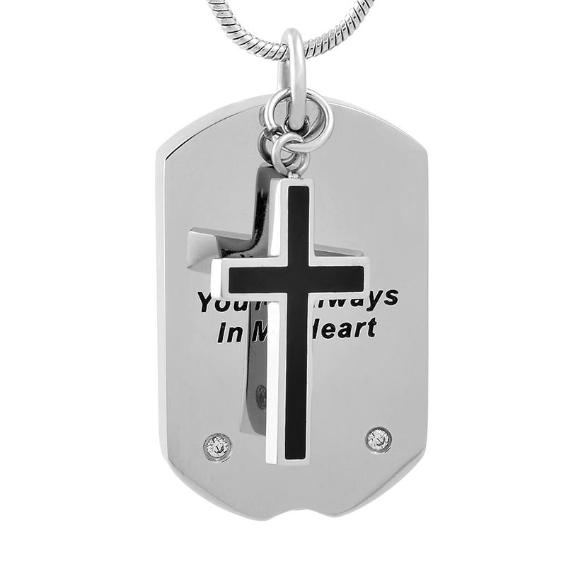 Cremation Necklace - Silver Cross & Dogtag Etched "You Are Always In My Heart" Cremation Urn Necklace