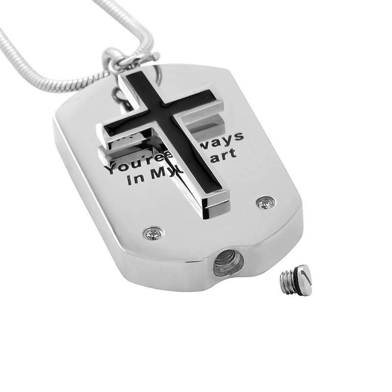Cremation Necklace - Silver Cross & Dogtag Etched "You Are Always In My Heart" Cremation Urn Necklace