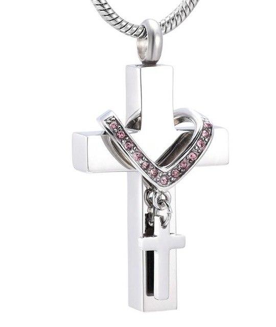 Cremation Necklace - Silver Cross & Rhinestone Rosary Cremation Urn Necklace